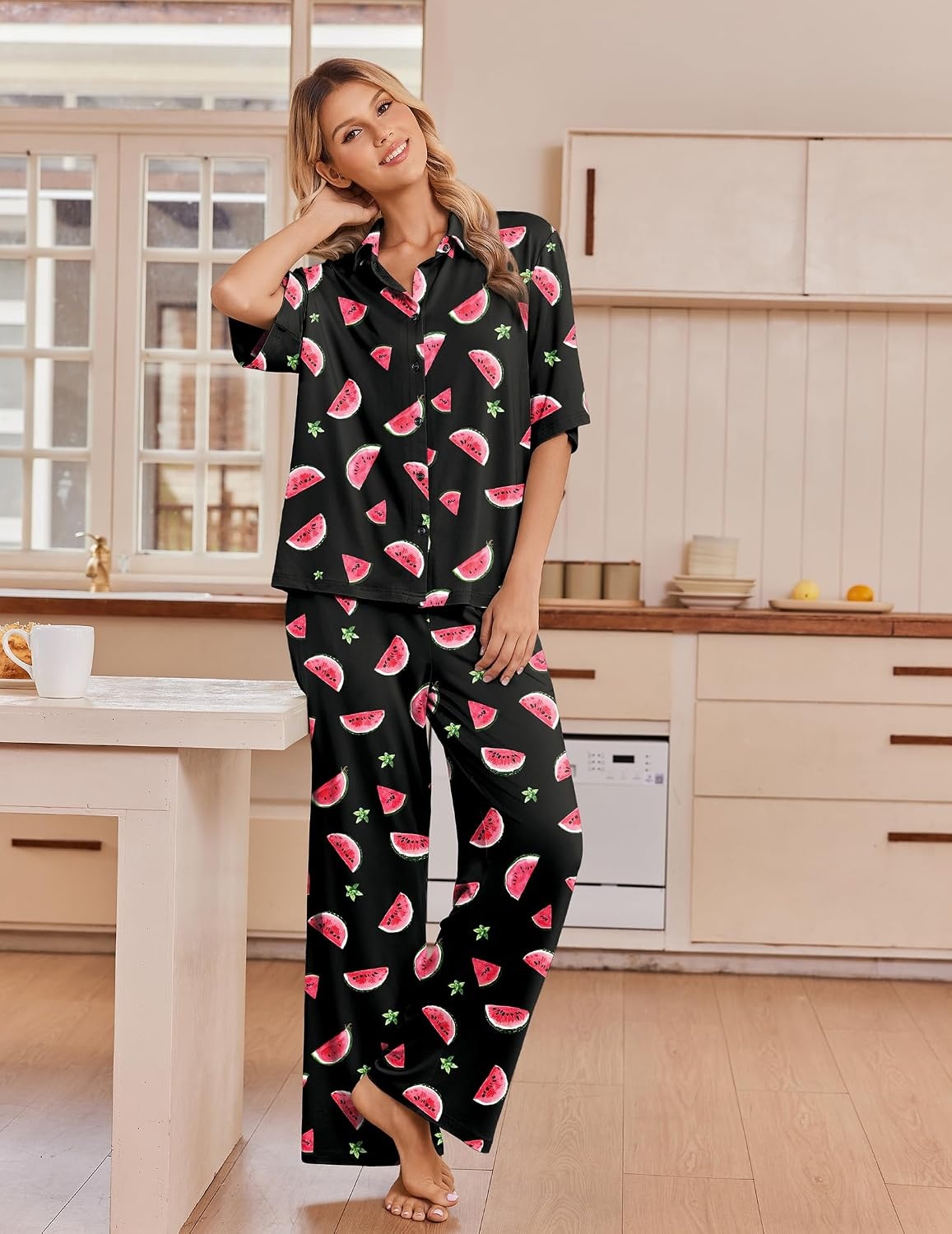 image:imageEkouaer Pajamas for Women Set Button Up Short Sleeve Pjs with Long PantsBlack Watermelon