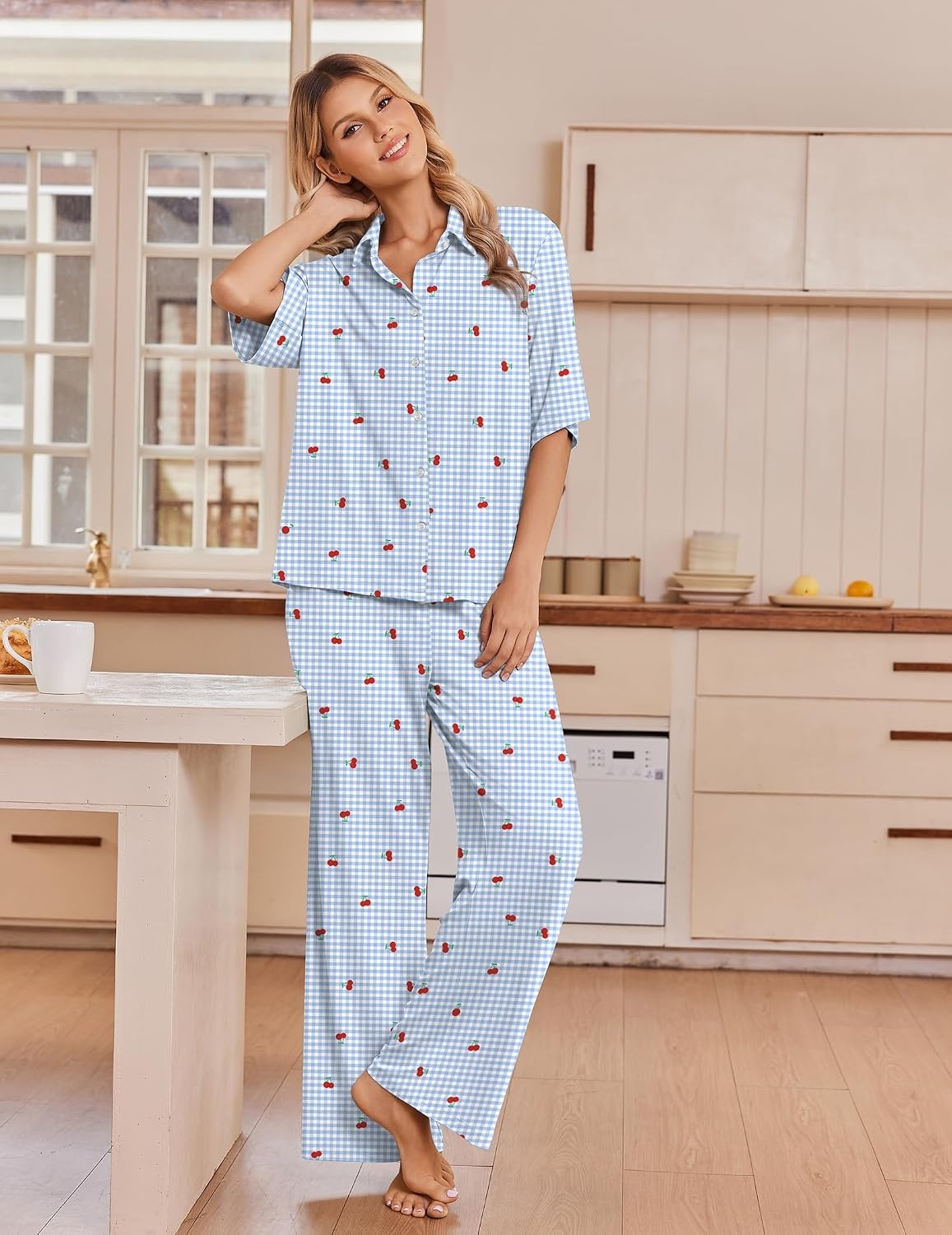 image:imageEkouaer Pajamas for Women Set Button Up Short Sleeve Pjs with Long PantsBlue Gingham Cherry