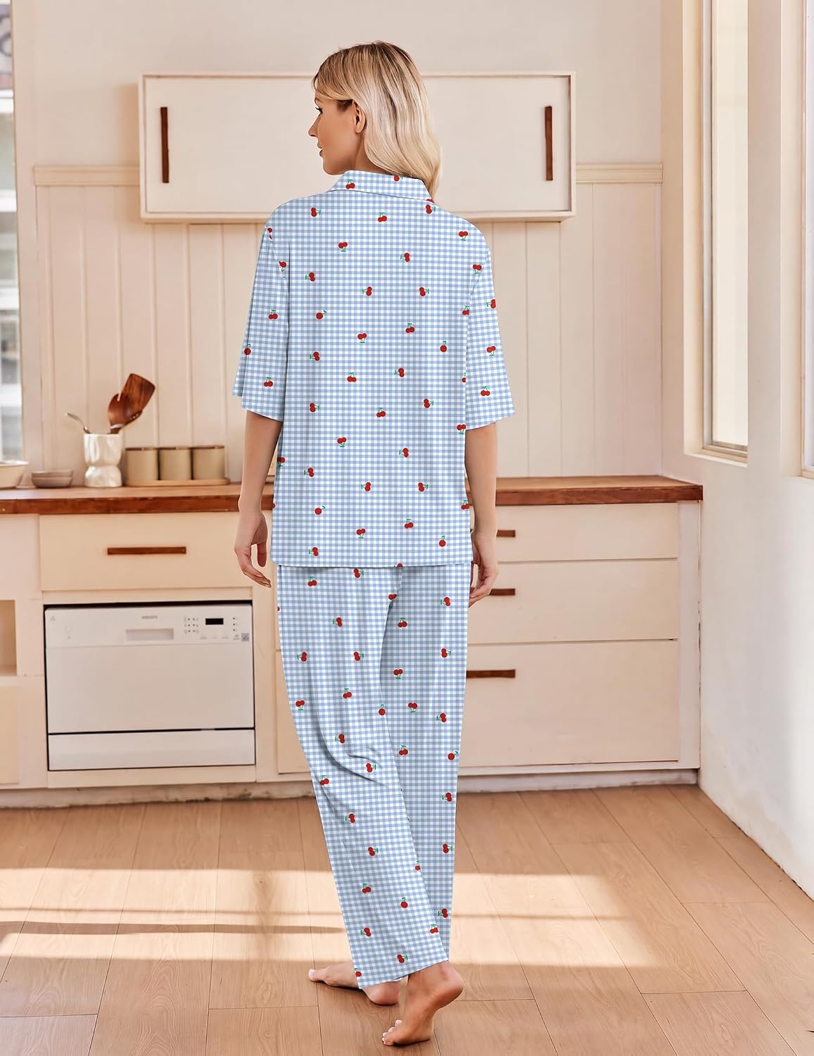 image:imageEkouaer Pajamas for Women Set Button Up Short Sleeve Pjs with Long PantsBlue Gingham Cherry