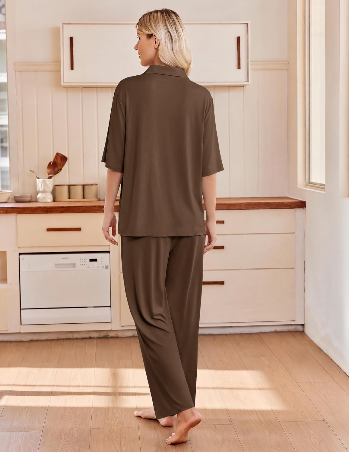 image:imageEkouaer Pajamas for Women Set Button Up Short Sleeve Pjs with Long PantsBrown