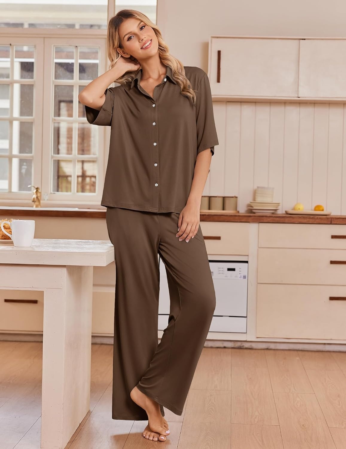 image:imageEkouaer Pajamas for Women Set Button Up Short Sleeve Pjs with Long PantsBrown