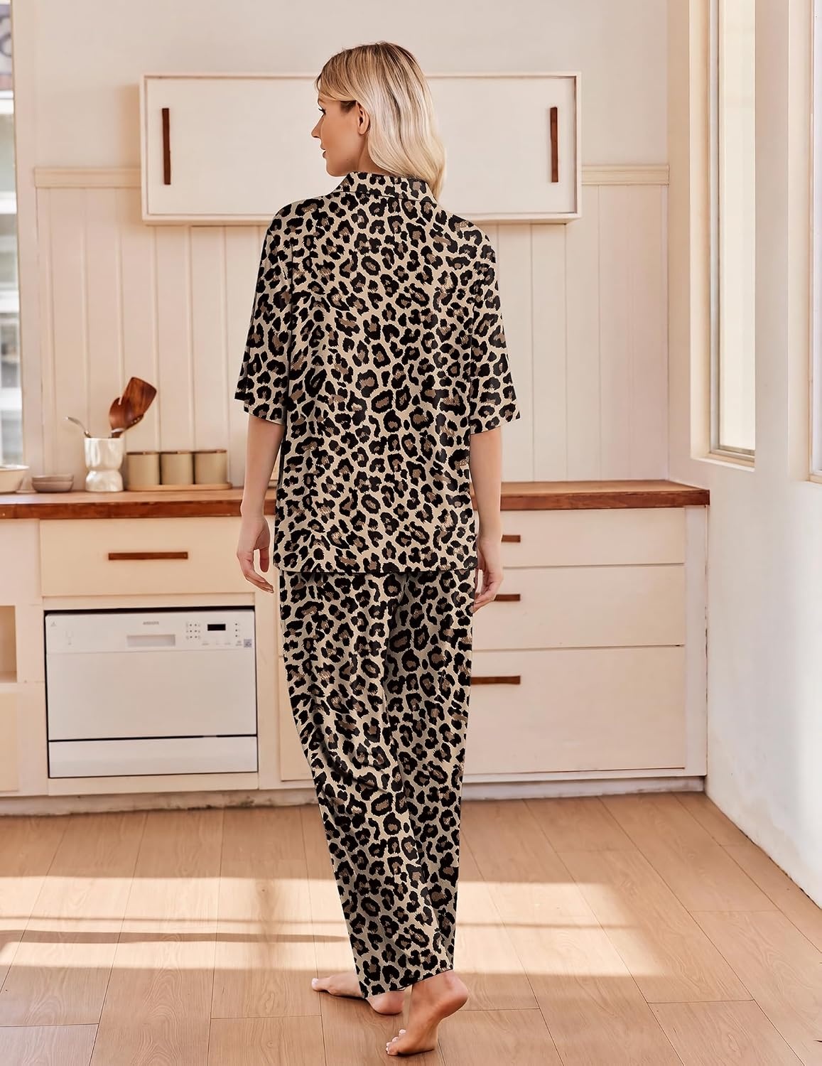 image:imageEkouaer Pajamas for Women Set Button Up Short Sleeve Pjs with Long PantsBrown Leopard