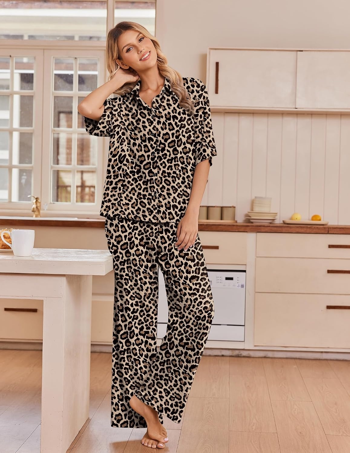image:imageEkouaer Pajamas for Women Set Button Up Short Sleeve Pjs with Long PantsBrown Leopard