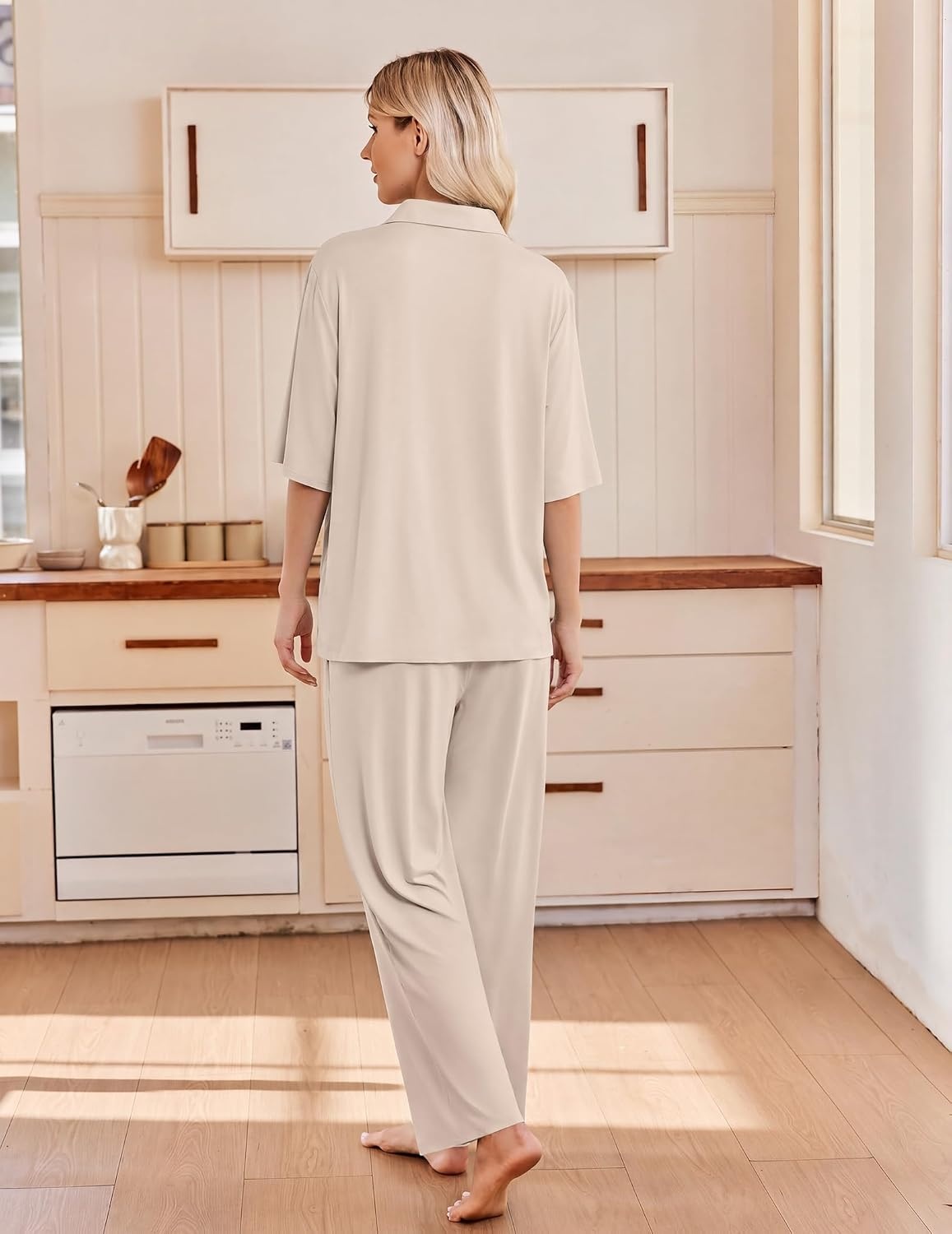 image:imageEkouaer Pajamas for Women Set Button Up Short Sleeve Pjs with Long PantsChampagne