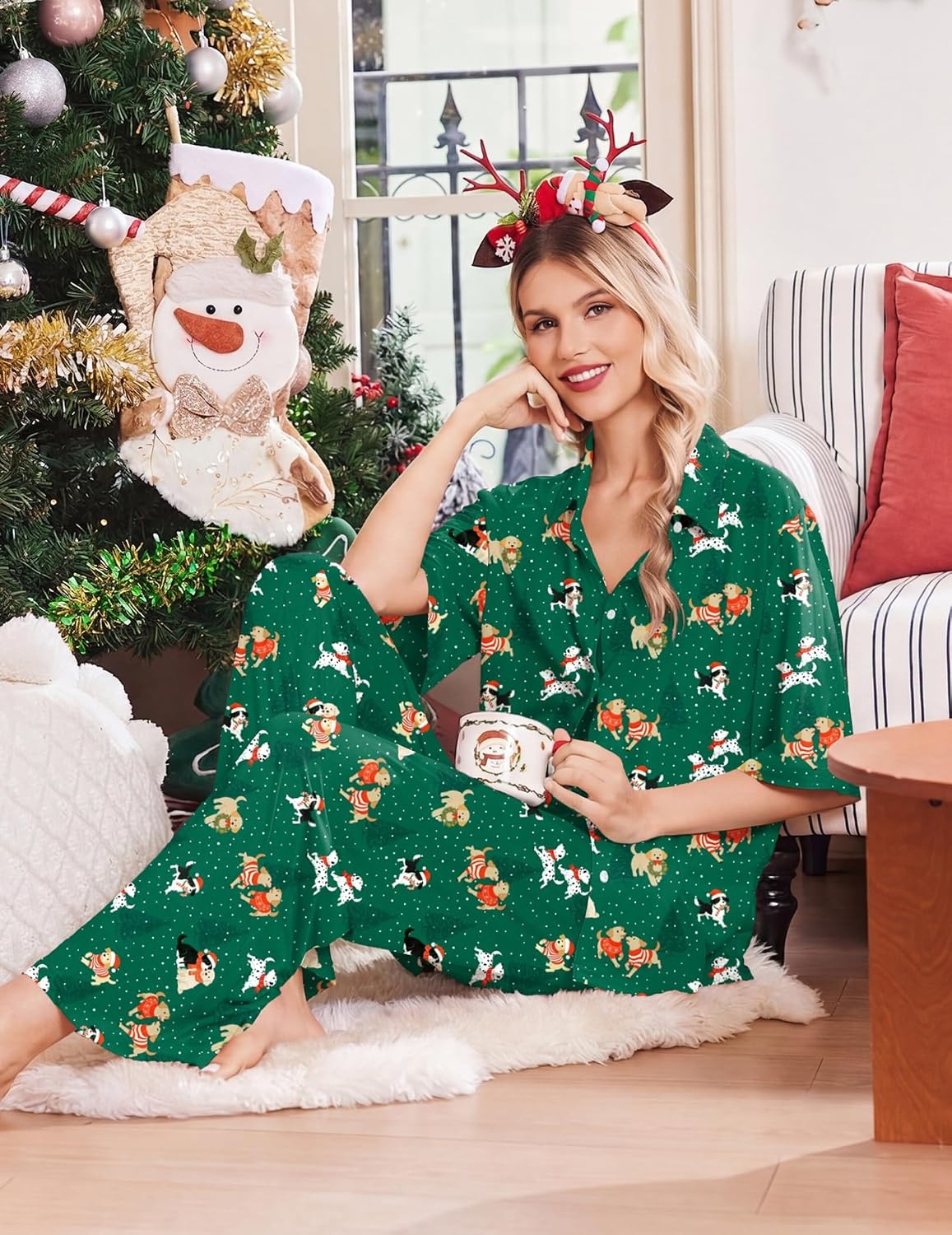 image:imageEkouaer Pajamas for Women Set Button Up Short Sleeve Pjs with Long PantsChristmas Green Puppy