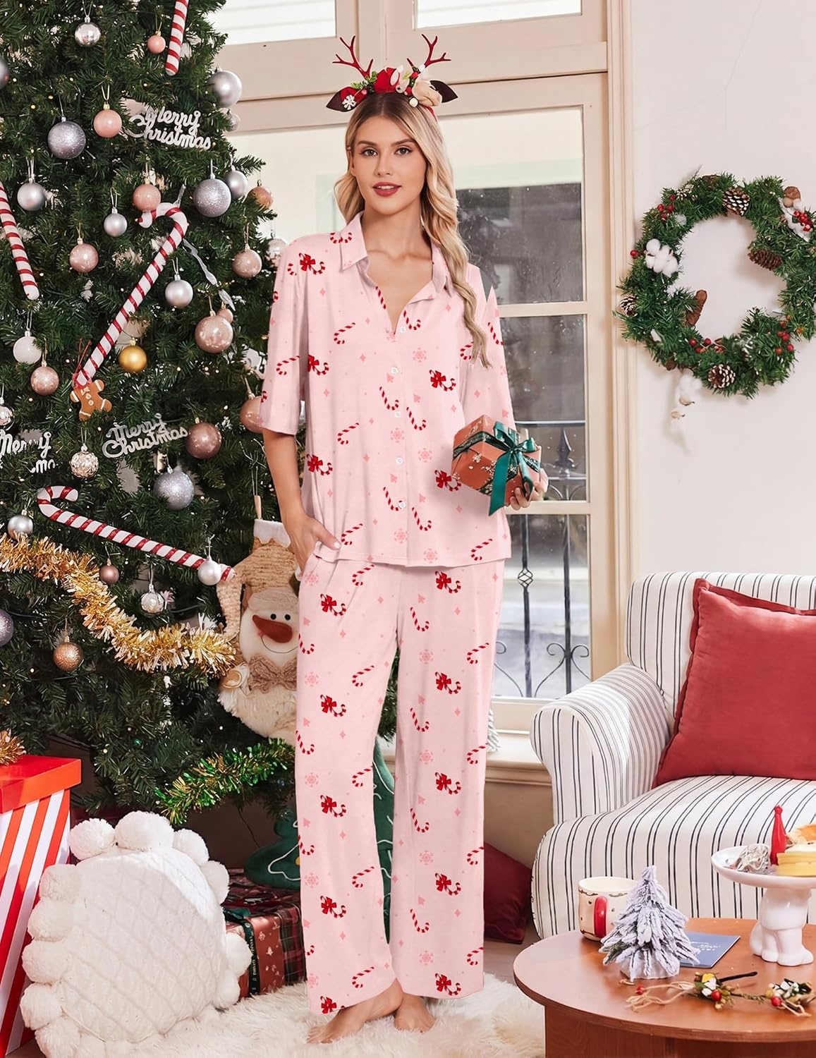 image:imageEkouaer Pajamas for Women Set Button Up Short Sleeve Pjs with Long PantsChristmas Pink Candy Cane