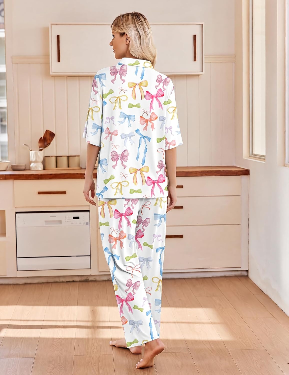 image:imageEkouaer Pajamas for Women Set Button Up Short Sleeve Pjs with Long PantsColorful Bow