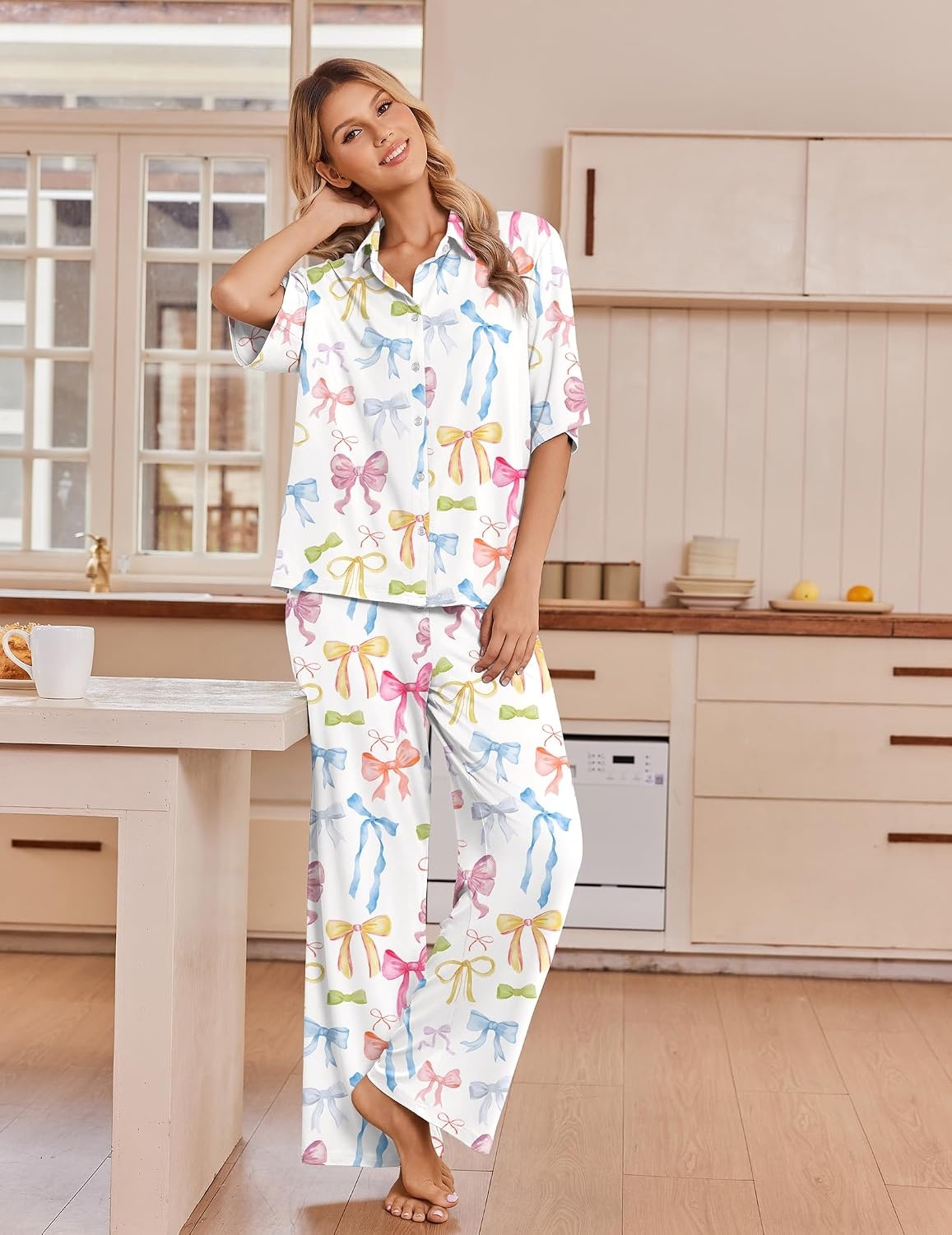 image:imageEkouaer Pajamas for Women Set Button Up Short Sleeve Pjs with Long PantsColorful Bow