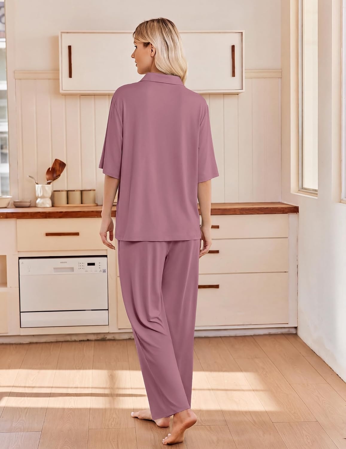 image:imageEkouaer Pajamas for Women Set Button Up Short Sleeve Pjs with Long PantsDusty Rose
