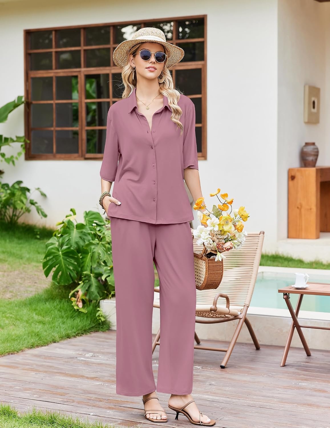 image:imageEkouaer Pajamas for Women Set Button Up Short Sleeve Pjs with Long PantsDusty Rose