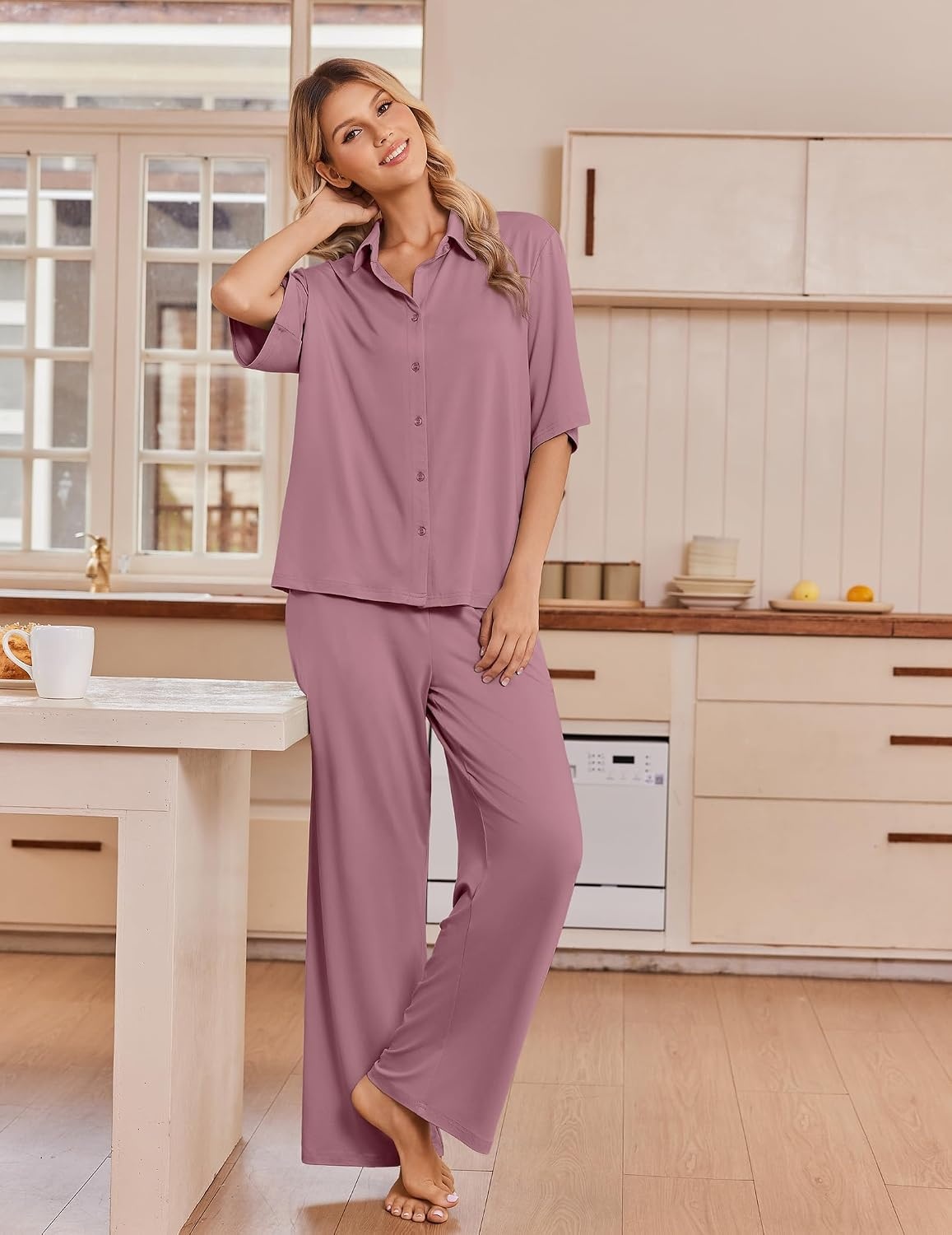 image:imageEkouaer Pajamas for Women Set Button Up Short Sleeve Pjs with Long PantsDusty Rose