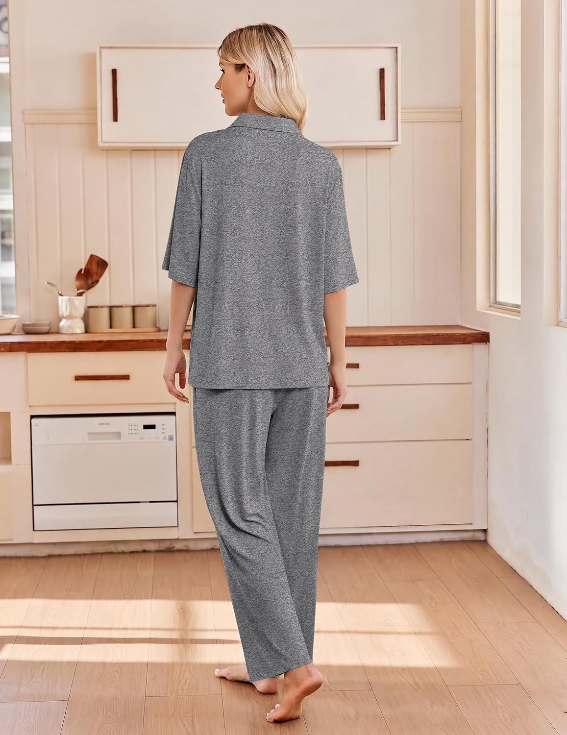 image:imageEkouaer Pajamas for Women Set Button Up Short Sleeve Pjs with Long PantsGrey