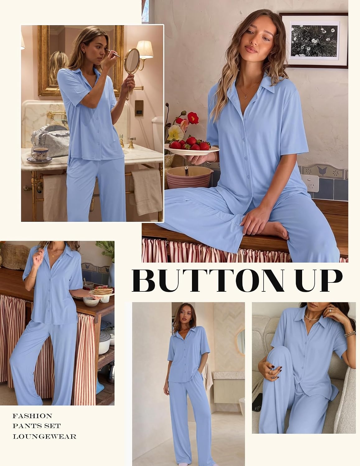 image:imageEkouaer Pajamas for Women Set Button Up Short Sleeve Pjs with Long PantsLight Blue
