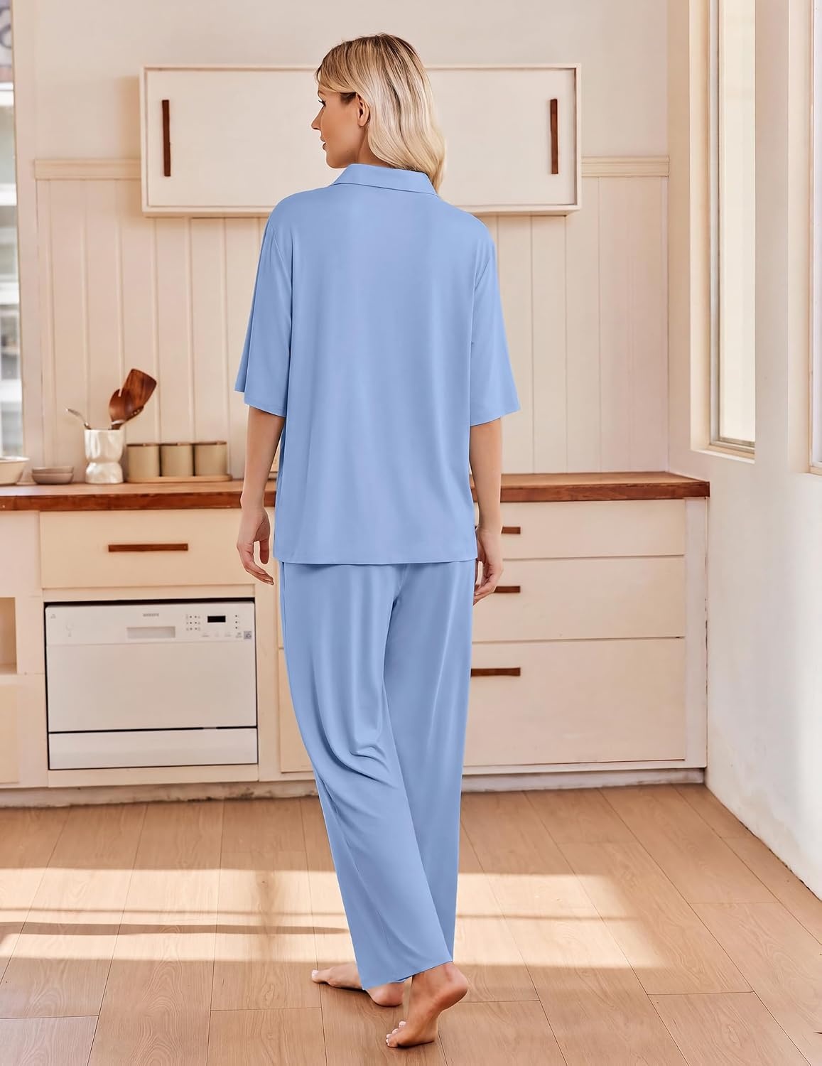 image:imageEkouaer Pajamas for Women Set Button Up Short Sleeve Pjs with Long PantsLight Blue