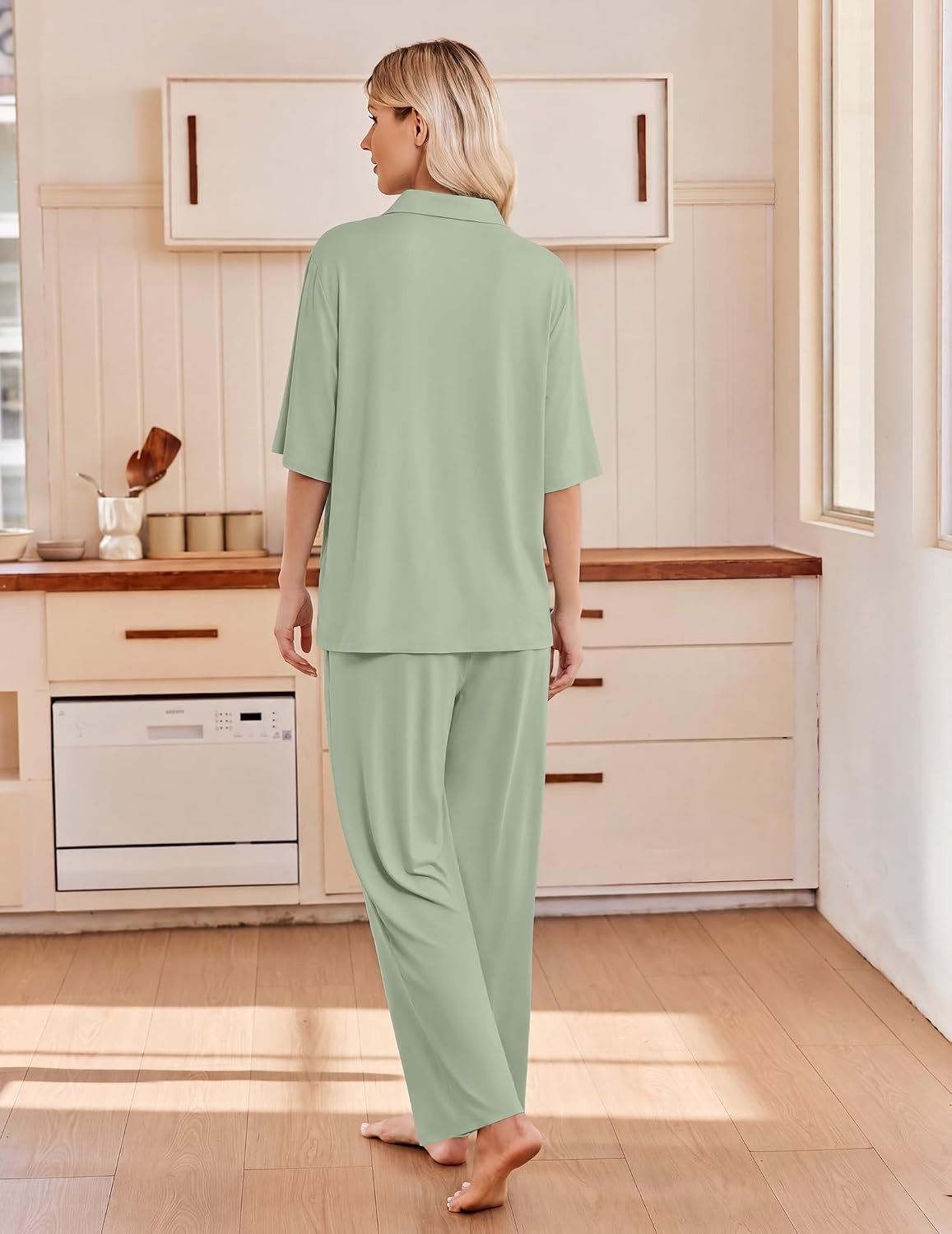 image:imageEkouaer Pajamas for Women Set Button Up Short Sleeve Pjs with Long PantsLight Green