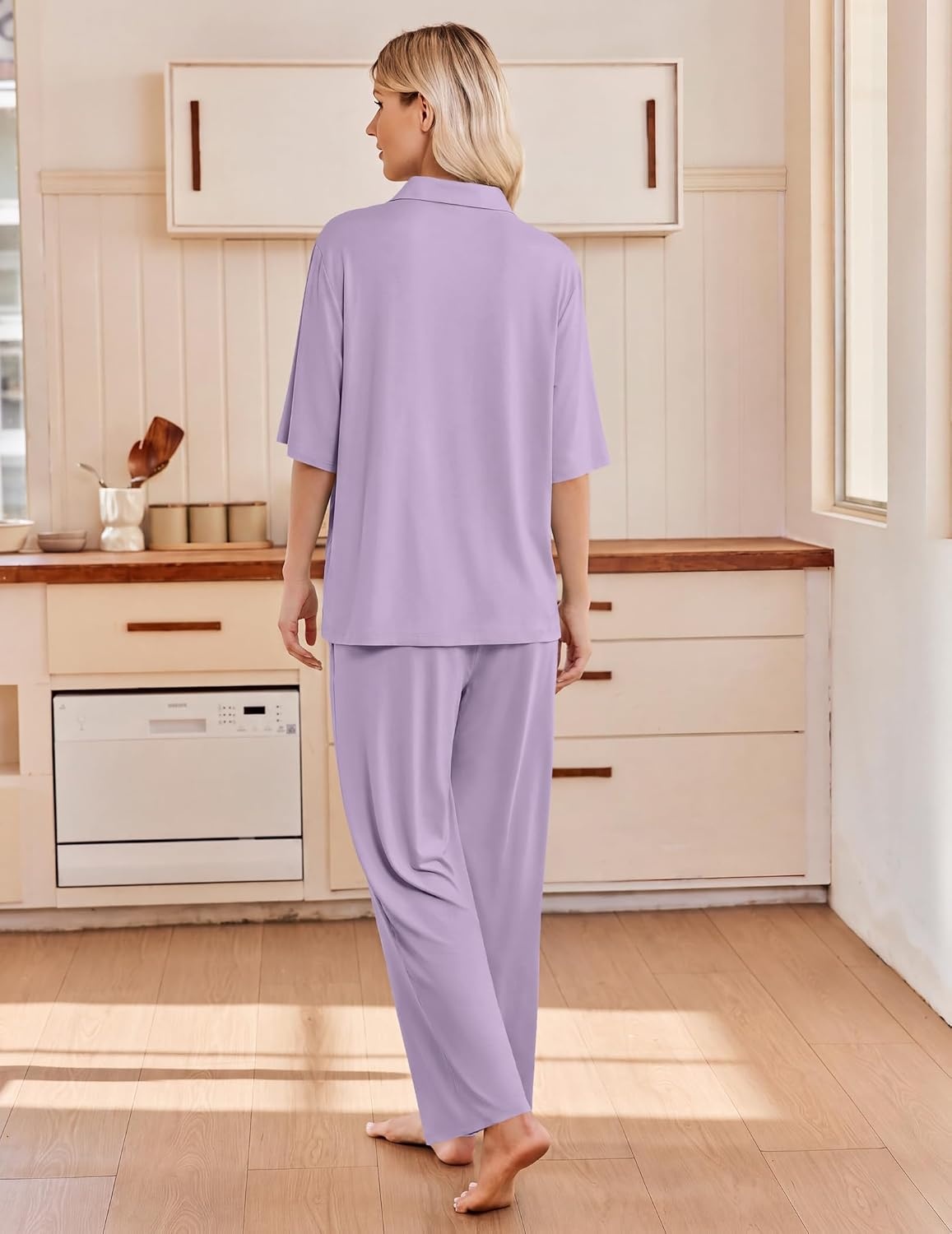 image:imageEkouaer Pajamas for Women Set Button Up Short Sleeve Pjs with Long PantsPale Purple