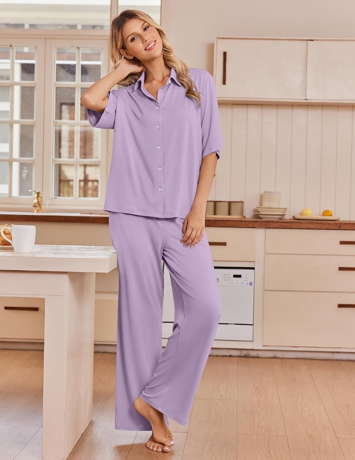 image:imageEkouaer Pajamas for Women Set Button Up Short Sleeve Pjs with Long PantsPale Purple