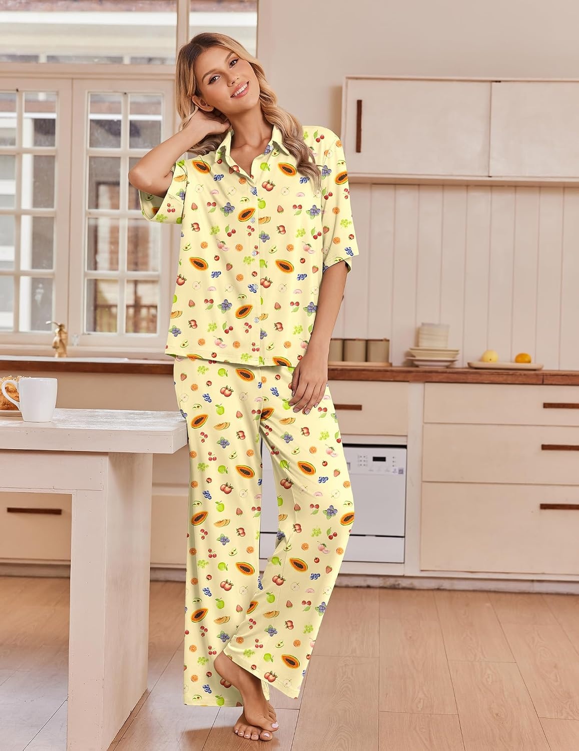 image:imageEkouaer Pajamas for Women Set Button Up Short Sleeve Pjs with Long PantsPale Yellow Fruit