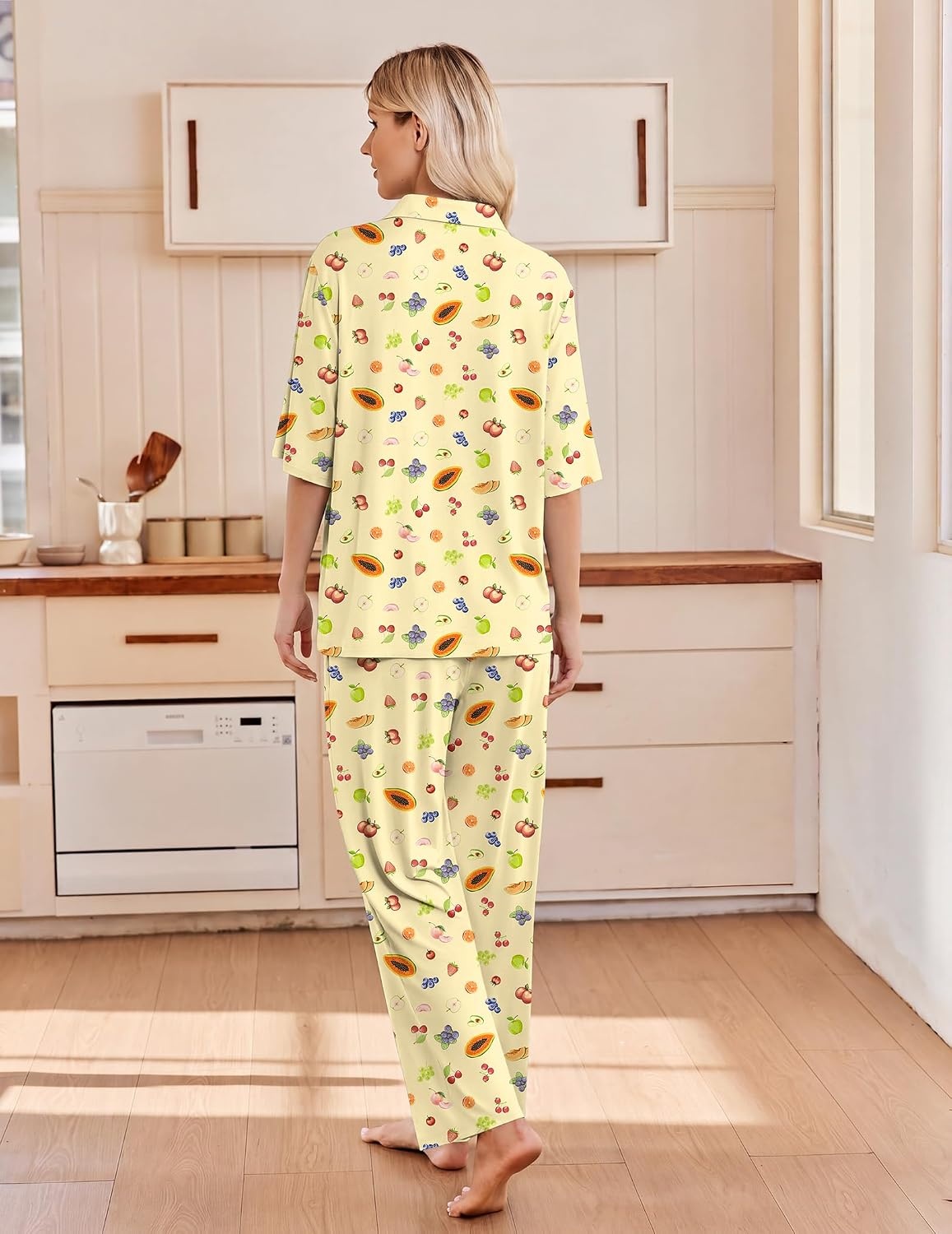 image:imageEkouaer Pajamas for Women Set Button Up Short Sleeve Pjs with Long PantsPale Yellow Fruit