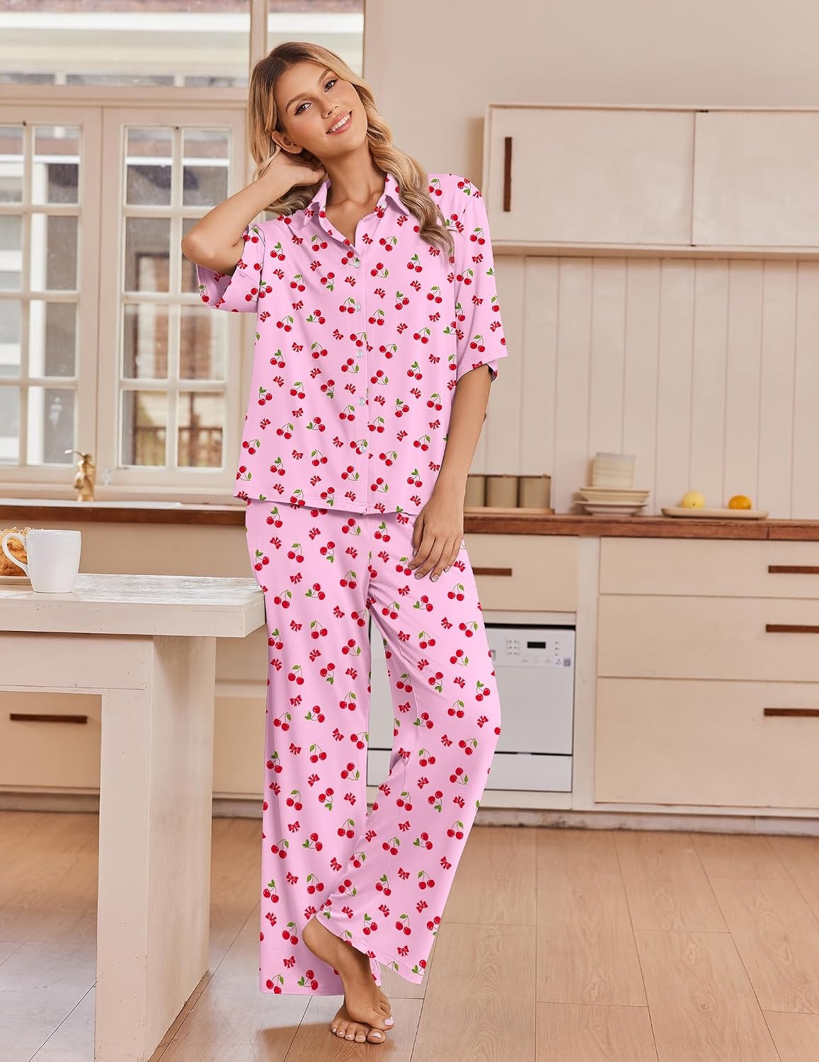 image:imageEkouaer Pajamas for Women Set Button Up Short Sleeve Pjs with Long PantsPink Cherry