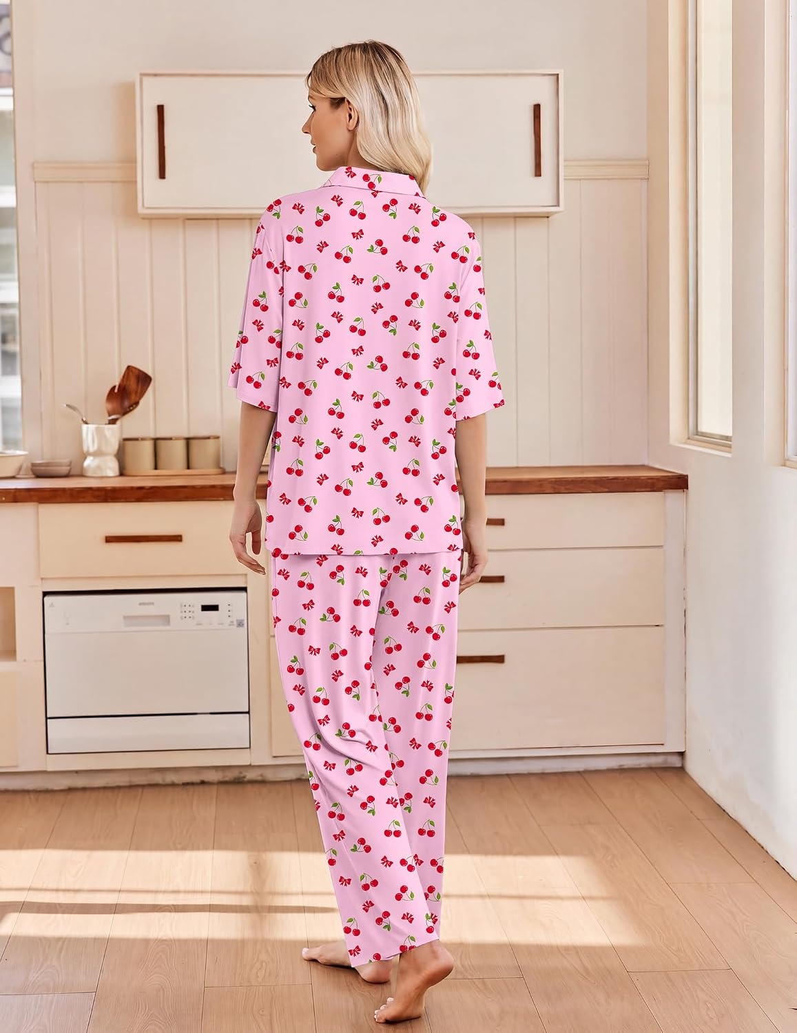 image:imageEkouaer Pajamas for Women Set Button Up Short Sleeve Pjs with Long PantsPink Cherry
