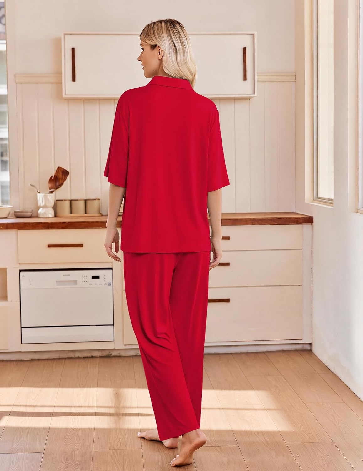 image:imageEkouaer Pajamas for Women Set Button Up Short Sleeve Pjs with Long PantsRed