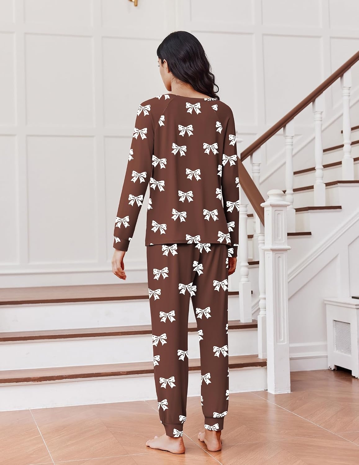 image:imageEkouaer Pajamas for Women Set Long Sleeve Pjs Soft 2 Piece Cozy LoungewearBow Brown