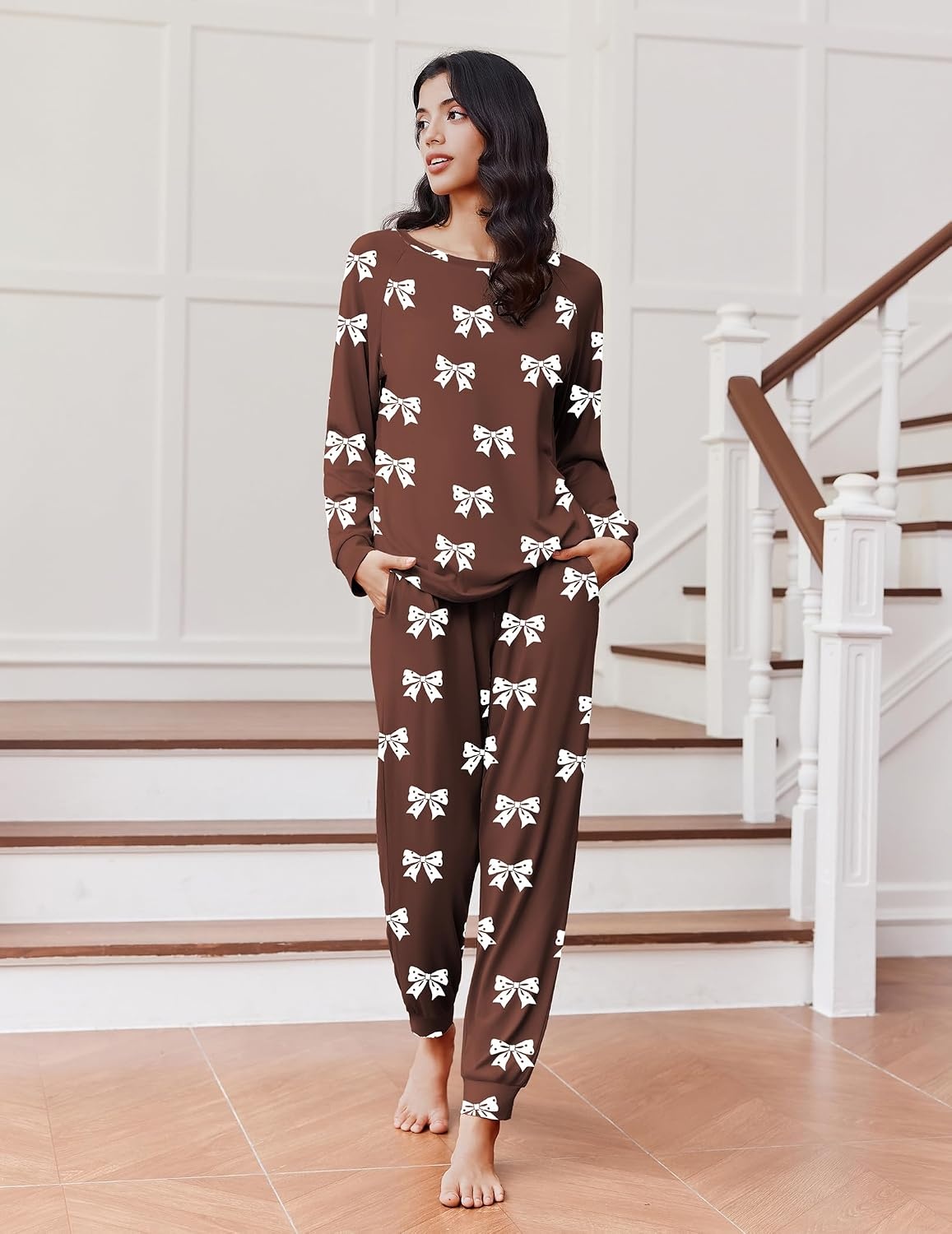 image:imageEkouaer Pajamas for Women Set Long Sleeve Pjs Soft 2 Piece Cozy LoungewearBow Brown