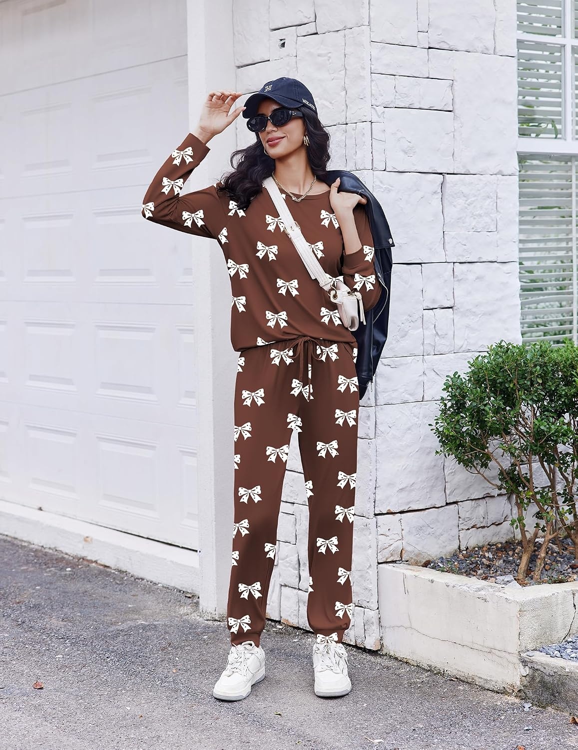 image:imageEkouaer Pajamas for Women Set Long Sleeve Pjs Soft 2 Piece Cozy LoungewearBow Brown
