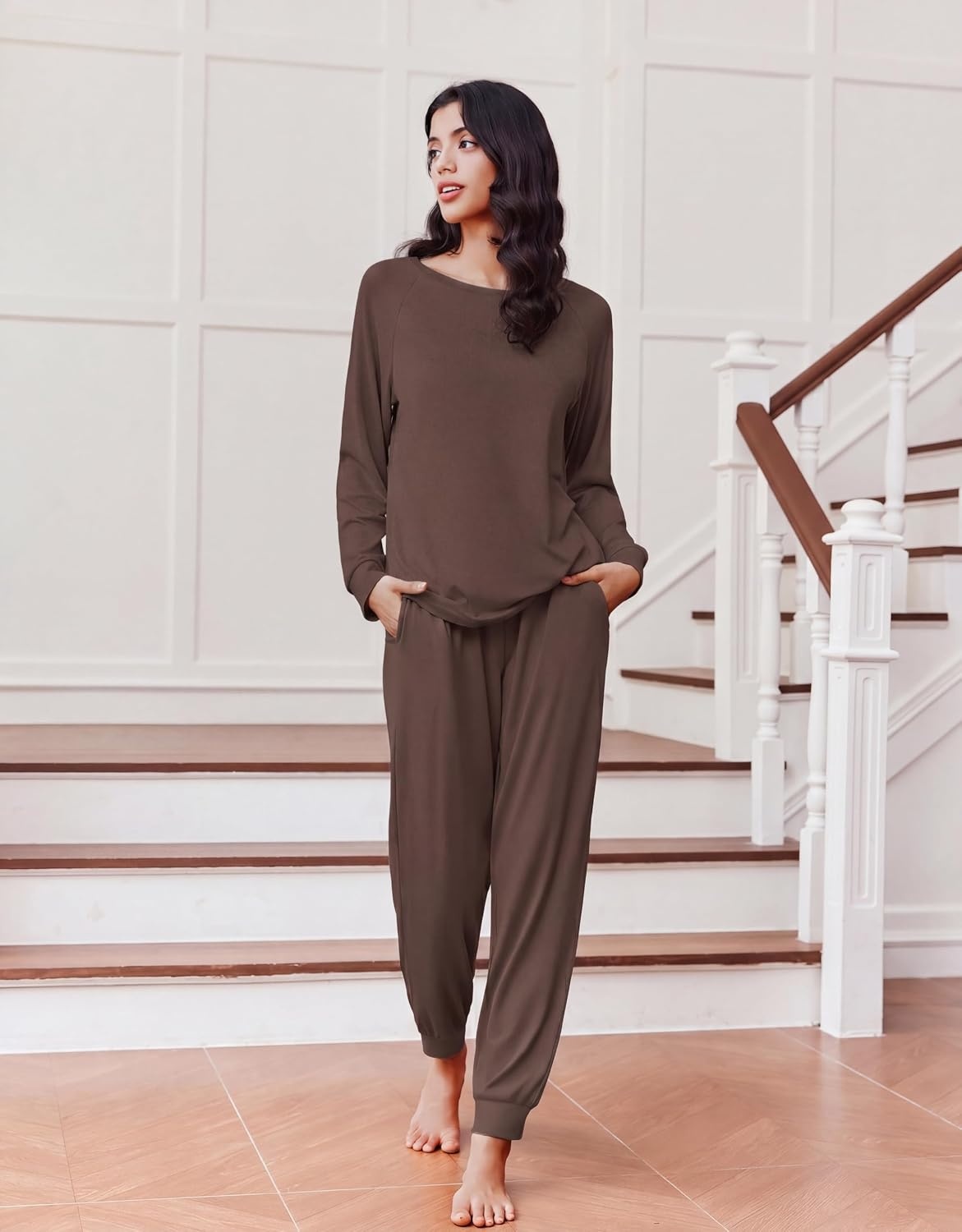 image:imageEkouaer Pajamas for Women Set Long Sleeve Pjs Soft 2 Piece Cozy LoungewearBrown