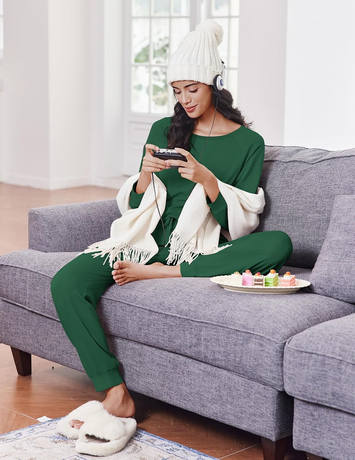 image:imageEkouaer Pajamas for Women Set Long Sleeve Pjs Soft 2 Piece Cozy LoungewearDark Green