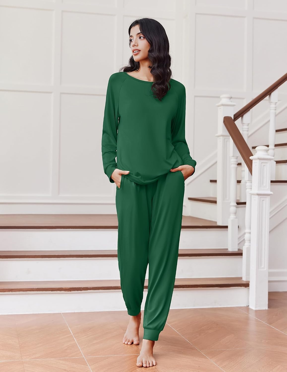 image:imageEkouaer Pajamas for Women Set Long Sleeve Pjs Soft 2 Piece Cozy LoungewearDark Green