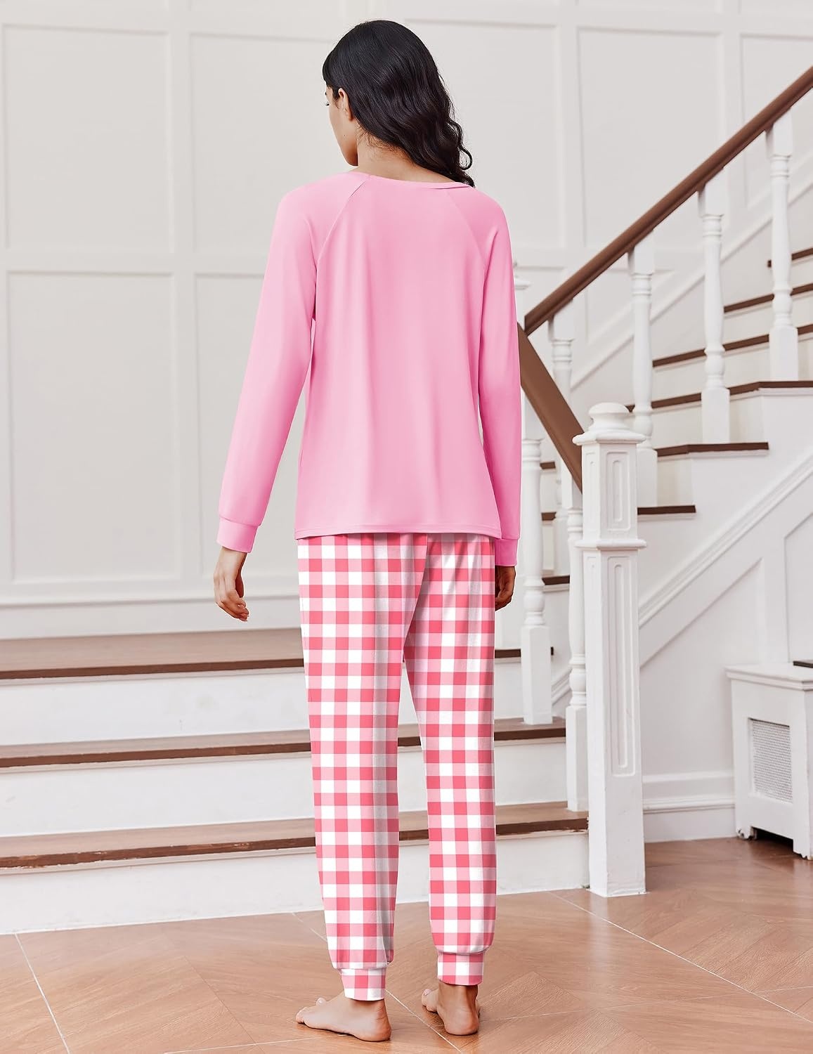 image:imageEkouaer Pajamas for Women Set Long Sleeve Pjs Soft 2 Piece Cozy LoungewearDog Pink Plaid