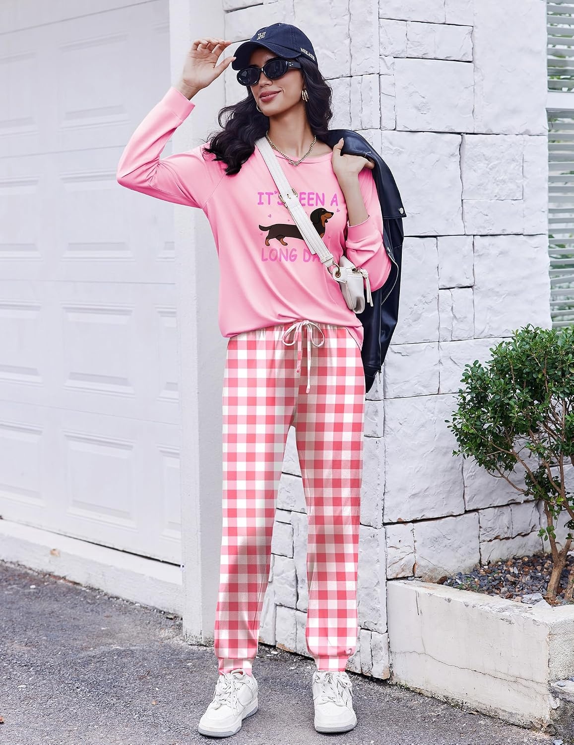 image:imageEkouaer Pajamas for Women Set Long Sleeve Pjs Soft 2 Piece Cozy LoungewearDog Pink Plaid