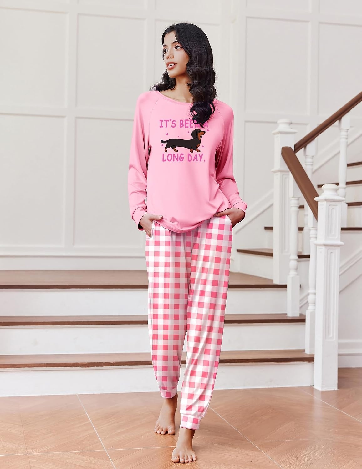 image:imageEkouaer Pajamas for Women Set Long Sleeve Pjs Soft 2 Piece Cozy LoungewearDog Pink Plaid