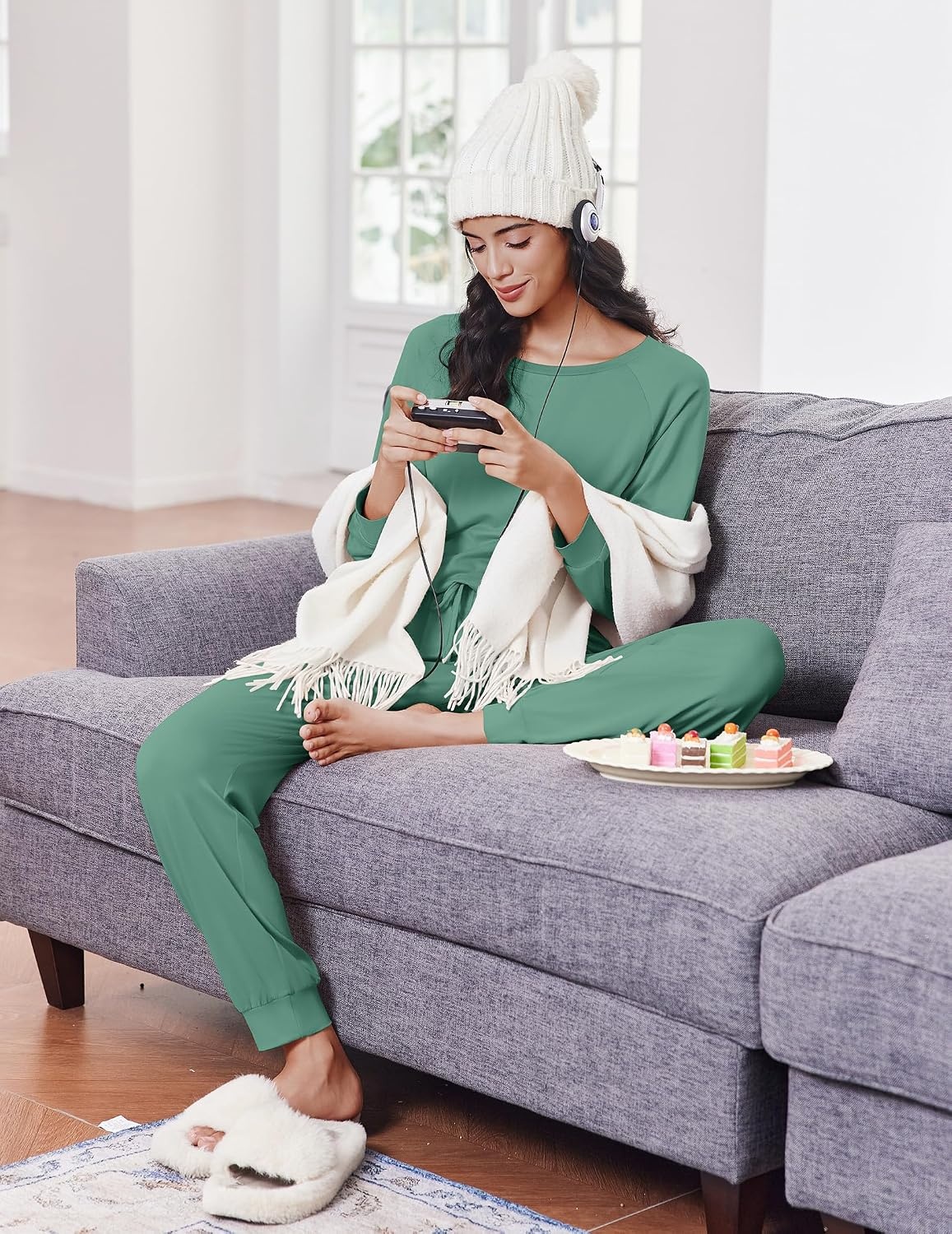 image:imageEkouaer Pajamas for Women Set Long Sleeve Pjs Soft 2 Piece Cozy LoungewearGreen