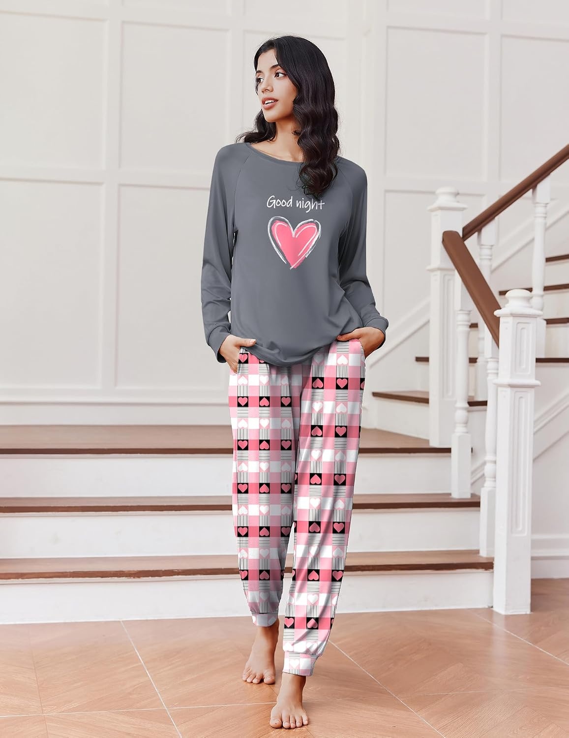 image:imageEkouaer Pajamas for Women Set Long Sleeve Pjs Soft 2 Piece Cozy LoungewearHeart Pink Black Plaid