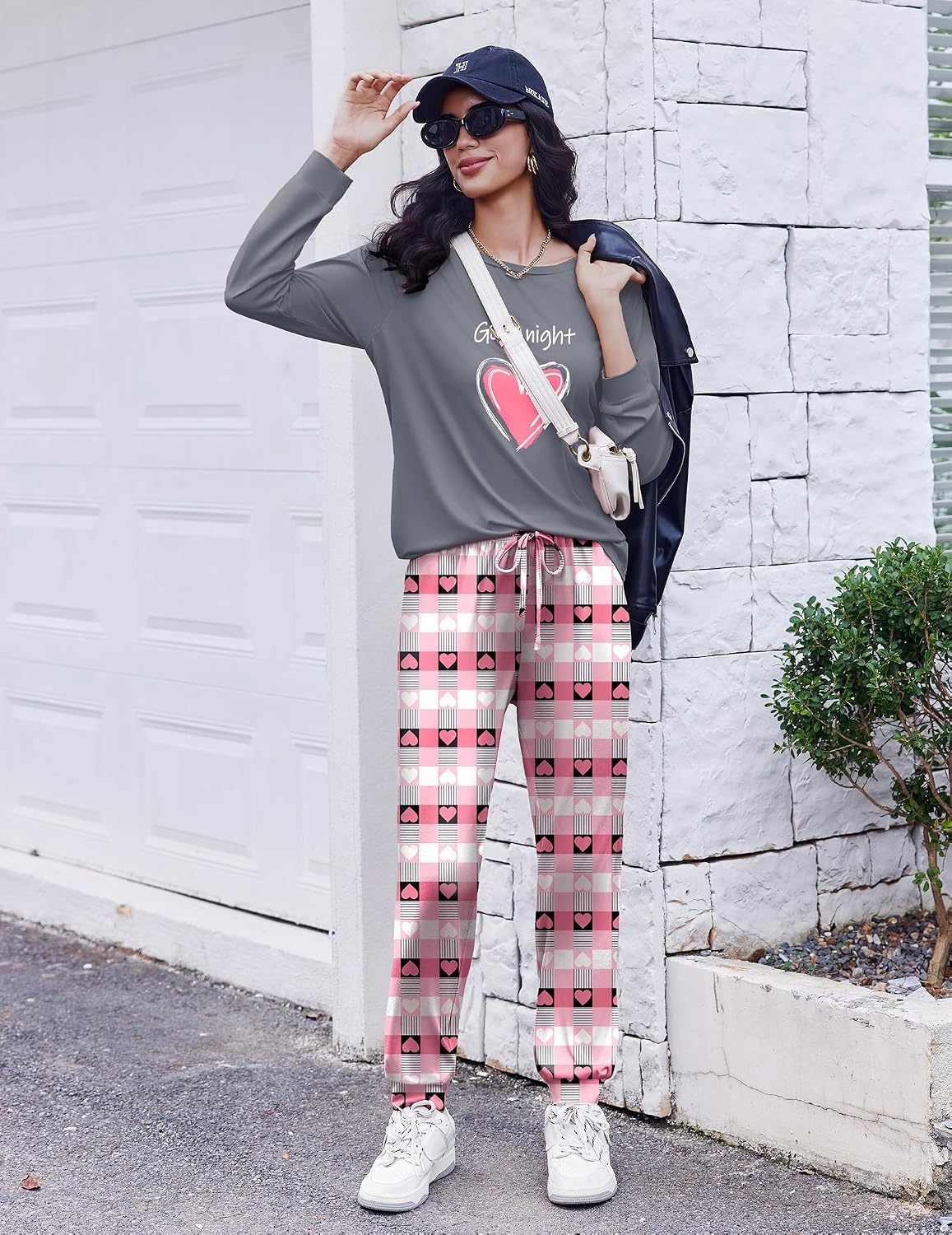 image:imageEkouaer Pajamas for Women Set Long Sleeve Pjs Soft 2 Piece Cozy LoungewearHeart Pink Black Plaid