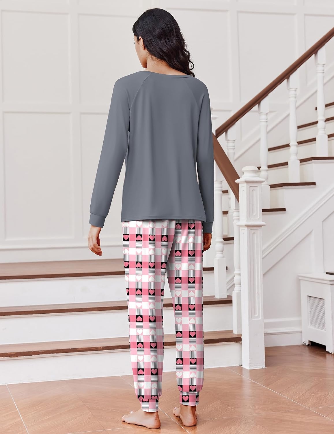 image:imageEkouaer Pajamas for Women Set Long Sleeve Pjs Soft 2 Piece Cozy LoungewearHeart Pink Black Plaid