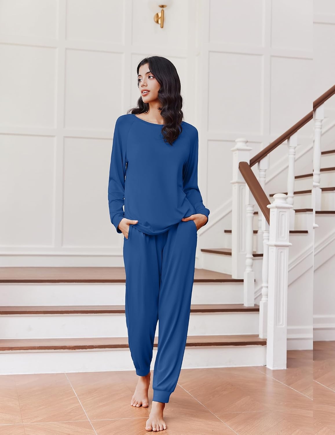 image:imageEkouaer Pajamas for Women Set Long Sleeve Pjs Soft 2 Piece Cozy LoungewearNavy Blue