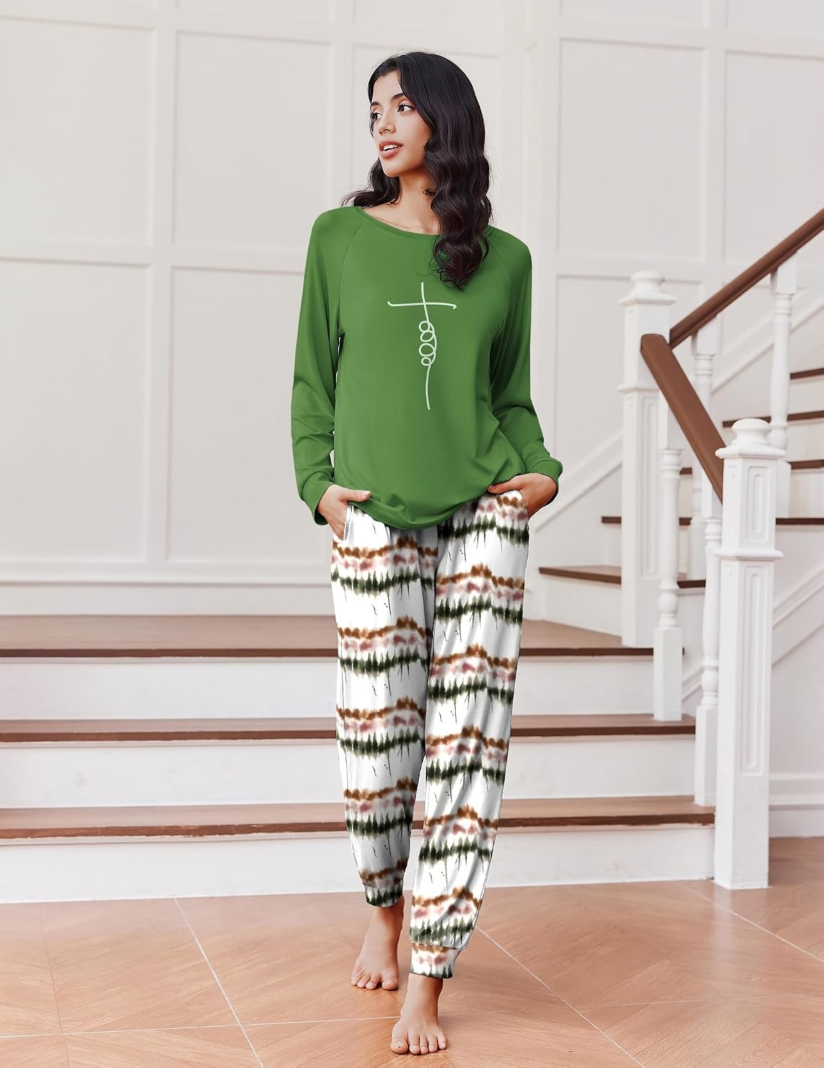 image:imageEkouaer Pajamas for Women Set Long Sleeve Pjs Soft 2 Piece Cozy LoungewearOmbre Green