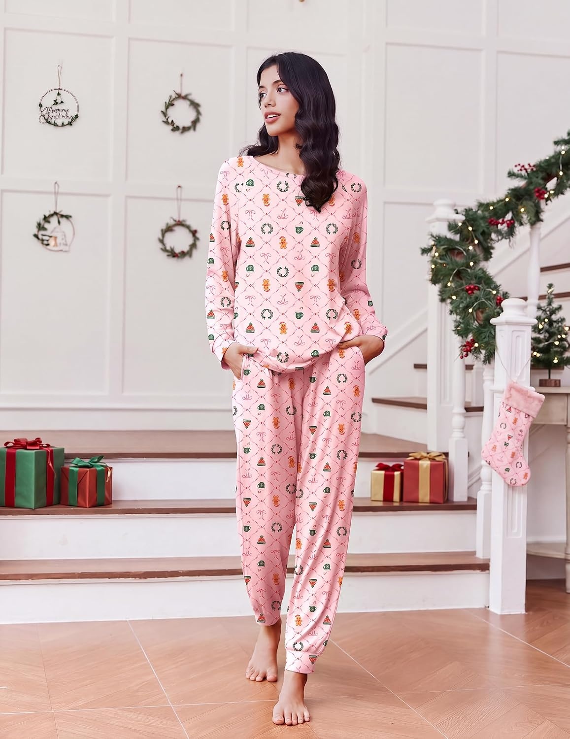 image:imageEkouaer Pajamas for Women Set Long Sleeve Pjs Soft 2 Piece Cozy LoungewearPink Plaid Christmas