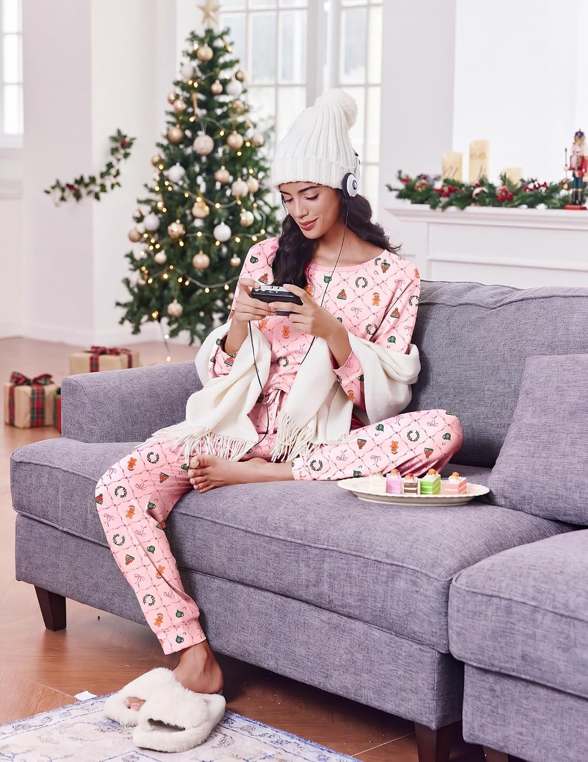 image:imageEkouaer Pajamas for Women Set Long Sleeve Pjs Soft 2 Piece Cozy LoungewearPink Plaid Christmas
