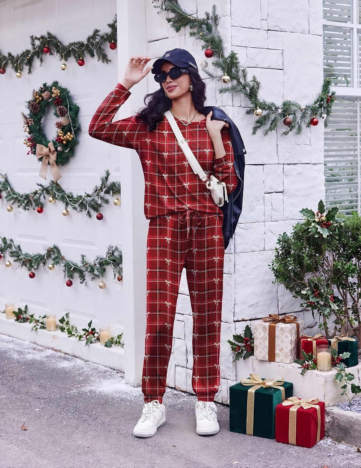 image:imageEkouaer Pajamas for Women Set Long Sleeve Pjs Soft 2 Piece Cozy LoungewearRed Plaid Bow