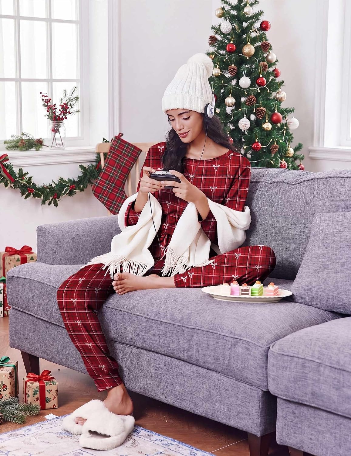 image:imageEkouaer Pajamas for Women Set Long Sleeve Pjs Soft 2 Piece Cozy LoungewearRed Plaid Bow