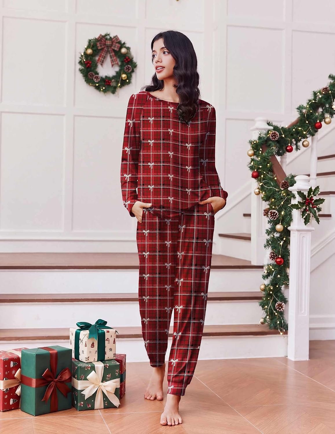 image:imageEkouaer Pajamas for Women Set Long Sleeve Pjs Soft 2 Piece Cozy LoungewearRed Plaid Bow