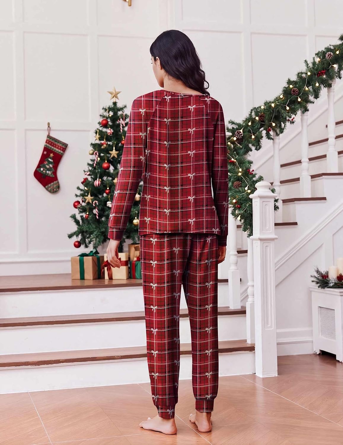 image:imageEkouaer Pajamas for Women Set Long Sleeve Pjs Soft 2 Piece Cozy LoungewearRed Plaid Bow