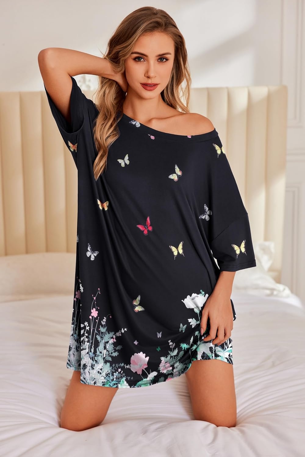 image:imageEkouaer Plus Size Nightgown for Women Oversized Sleep Shirt Sleepwear S5XLBlack Butterfly