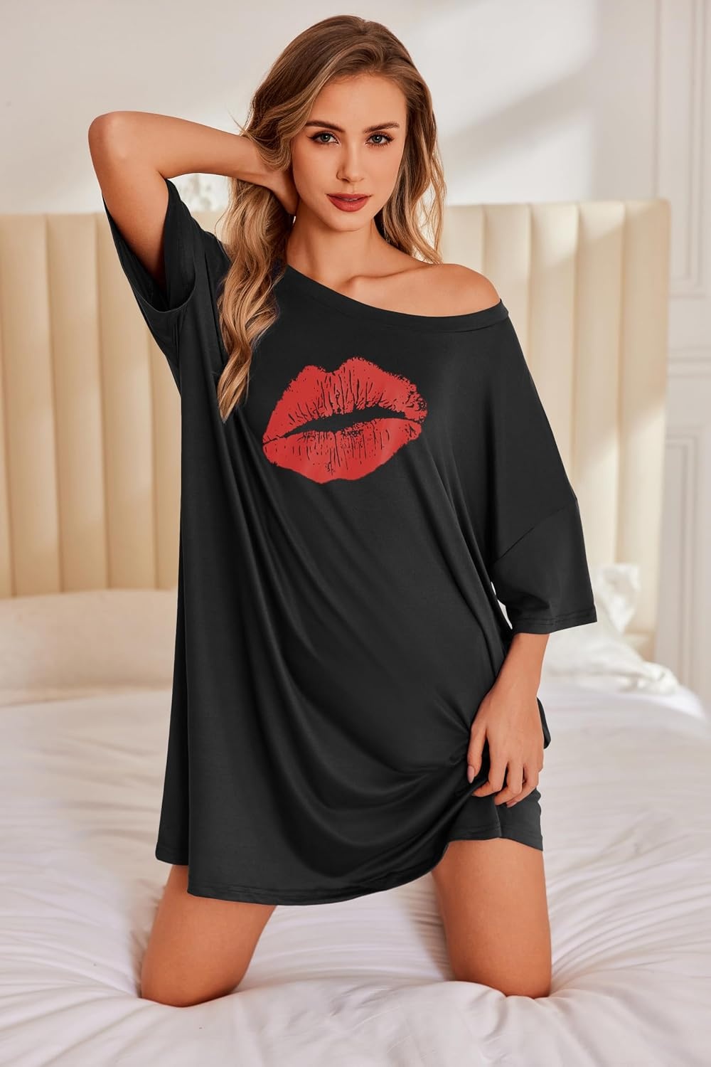 image:imageEkouaer Plus Size Nightgown for Women Oversized Sleep Shirt Sleepwear S5XLBlack Lipprint