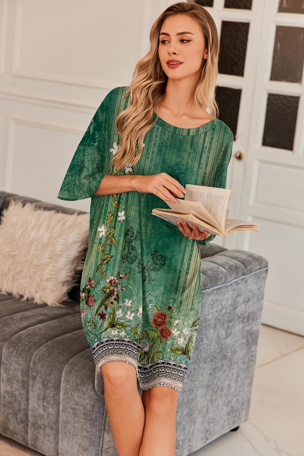 image:imageEkouaer Plus Size Nightgown for Women Oversized Sleep Shirt Sleepwear S5XLGreen Flower